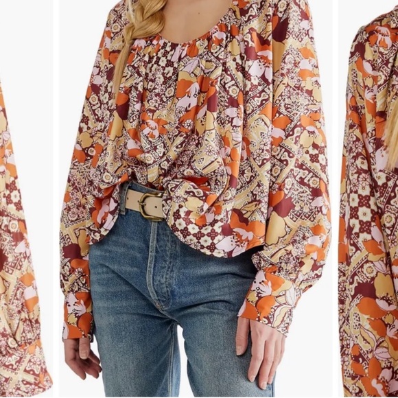 Free People Sage Floral Print U-neck Top Size L - Picture 2 of 15